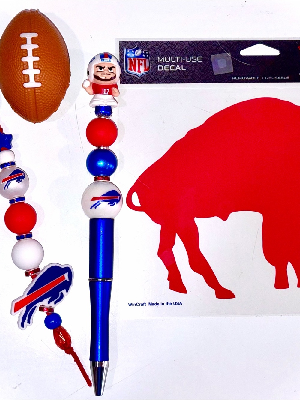 4 PC Buffalo Bills Bundle: Handmade Pen & Bag Charm, Sticker, & Football Squishy